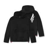 flatlay sherpa recovery hoodie in black with white wing graphic, front view