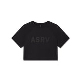 Flatlay of ASRV AeroSilver Cropped Tee in black with tonal logo, front view