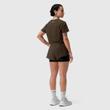 AeroSilver Cropped Tee in Dark Earth worn with matching shorts, back view