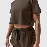 AeroSilver® Cropped Tee in dark earth, worn by model showing front view