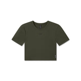 Flatlay of W019 Lycra Cropped Tee in olive, front view on white background