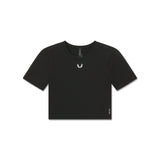 flatlay W019 Lycra cropped tee in black, front view