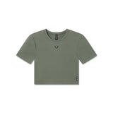 Flatlay of W019 LYCRA® Cropped Tee in sage green, front view