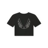 Flatlay of black cropped tee with white wing graphic design, front view