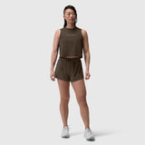 AeroSilver Tank Top in dark earth with matching shorts, front view on model
