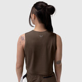 AeroSilver Tank Top in Dark Earth worn by model from back, showing sleeveless design