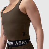 LYCRA® 2-in-1 tank top in dark earth, worn by model showing side view