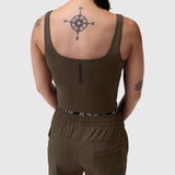 W022 LYCRA® 2-in-1 tank top in dark earth, back view on model