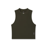 flatlay Lycra ribbed mockneck tank in olive, front view