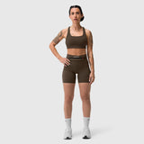 W029 Lycra 3-in-1 Biker Short in dark earth, worn with matching sports bra, front view