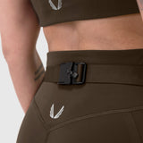 LYCRA® 3-in-1 Biker Short in Dark Earth worn with belt, waist detail