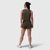 W037. Tetra-Lite® Linerless Short in Dark Earth, rear view on model