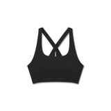 Flatlay of black Lycra hybrid sports bra with crossback straps, front view