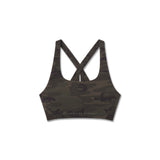 Flatlay of W039 Lycra Hybrid Sports Bra in dark camo, front view