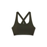 Flatlay of W039 Lycra Hybrid Sports Bra in olive with cross-back straps, front view