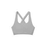 Flatlay of Lycra Hybrid Sports Bra in slate grey, front view with crossback straps