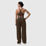 W039 Lycra Hybrid Sports Bra in dark earth, back view on model