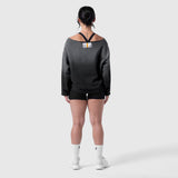 Black sun fade oversized crewneck worn by model, back view, paired with black shorts and white socks