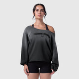Raw Hem Oversized Crewneck in black sun fade, worn by model with off-shoulder styling