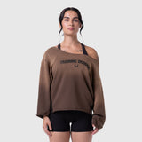 Raw Hem Oversized Crewneck in dark earth, worn with black shorts, front view