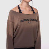 Raw Hem Oversized Crewneck in dark earth worn by model, front view