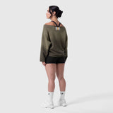 Raw Hem Oversized Crewneck in olive worn with black shorts and white socks, back view