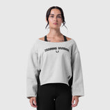 Raw Hem Oversized Crewneck in heather grey, worn by model, front view