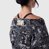 Raw Hem Oversized Crewneck in pixel camo worn by model, back view