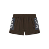 flatlay Tetra-Lite Adventure Short in Dark Earth with blue grid side panels, front view