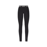Flatlay of W071 Lycra Ribbed Legging in black with branded waistband, front view