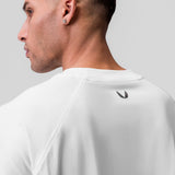 White Supima® 3/4-sleeve oversized tee worn by model, back view