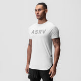 White ASRV Established Tee with reflective logo, worn by model, front view