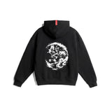 Flatlay Tech-Terry Zip Hoodie in black with white warrior graphic, back view