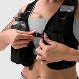 1080 Run Pack in black, worn by model demonstrating storage compartments
