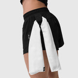 Tetra-Lite Linerless Short in black with white towel detail, rear view on model