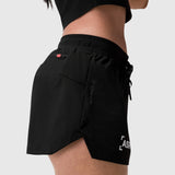 Tetra-Lite Linerless Short in black with 'Bracket' design, worn by model, side view