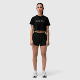 Black ASRV AeroSilver cropped tee worn with black shorts, front view on model