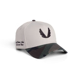 flatlay New Era 9Forty A-Frame Hat in stone and woodland camo, front view