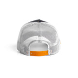 flatlay New Era 9Forty A-Frame Trucker Hat in white mesh and orange snapback, back view