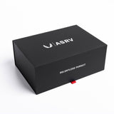 ASRV premium gift box in black with 'Relentless Pursuit' tagline and red pull tab