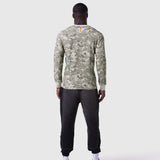 Digital camo waffle knit longsleeve worn with black joggers, back view