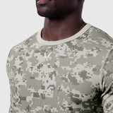 Waffle knit longsleeve in digital camo, worn by model, chest and shoulder detail
