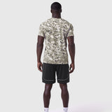 Supima Essential Tee in digital camo worn by model from back, paired with black shorts