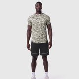 AeroSilver Established Tee in digital camo blade worn by male model with black shorts, front view