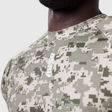 AeroSilver Established Tee in digital camo Blade worn by model, chest detail view