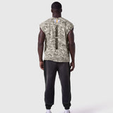 Tech Essential Cap Shoulder Cutoff in digital camo, model back view wearing with black joggers