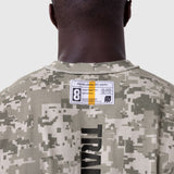 Tech Essential Cap Shoulder Cutoff in digital camo, back view on model showing label detail
