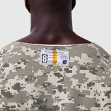 Digital camo vintage raw hem pump cover worn by model, back view showing pixelated tan and grey pattern
