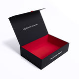 flatlay Premium Gift Box Small in black with red interior, open box view