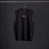 Black ASRV Tech Essential Relaxed Cutoff sleeveless tank top on hanger, front view